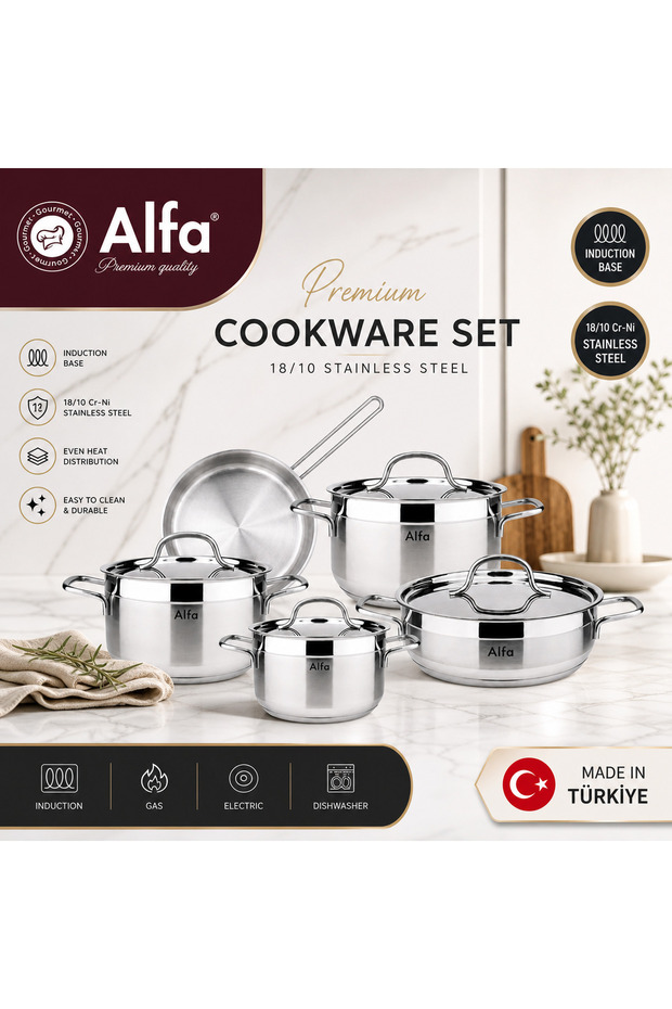9 Piece Cookware Set Stainless Steel 18/10 pro | Induction Ready Pots and Pans | Professional Kitchen Set | Durable Cooking Set | Made in Türkiye