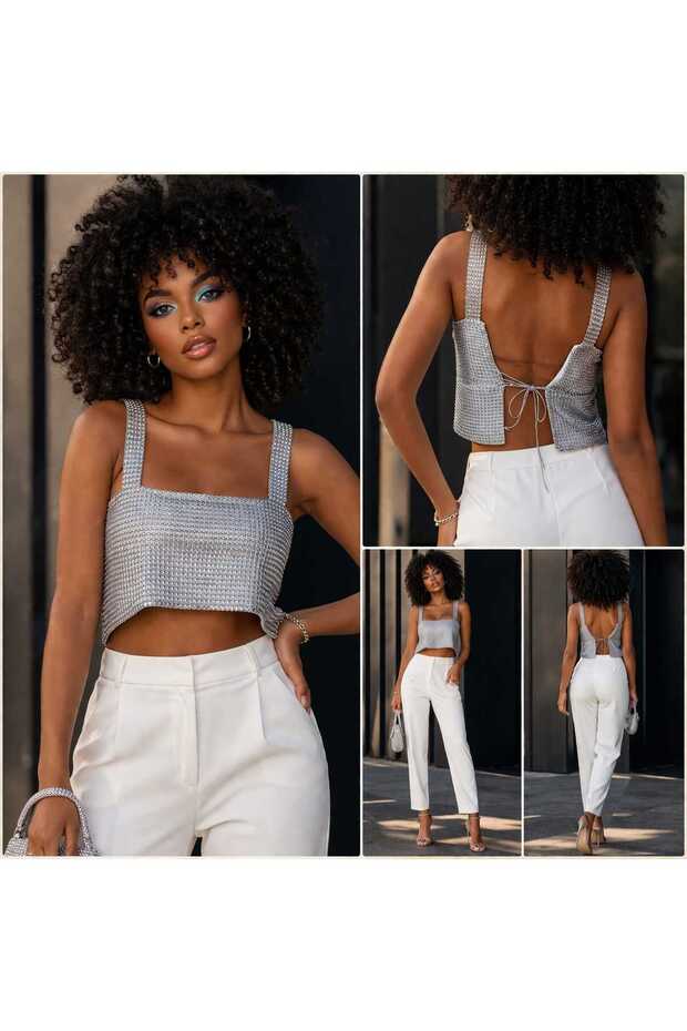 Stone-Like, Shiny Strap Crop Bustier Top with Backless Tie-Up Blouse