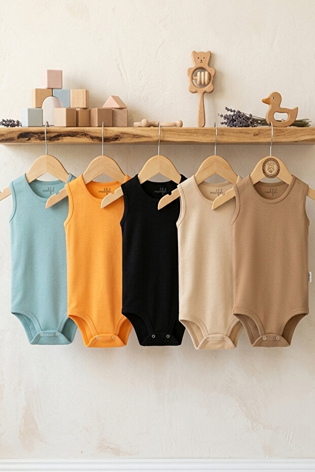 100% Organic Cotton Snap Fastener Sleeveless Baby Bodysuit 5-Pack