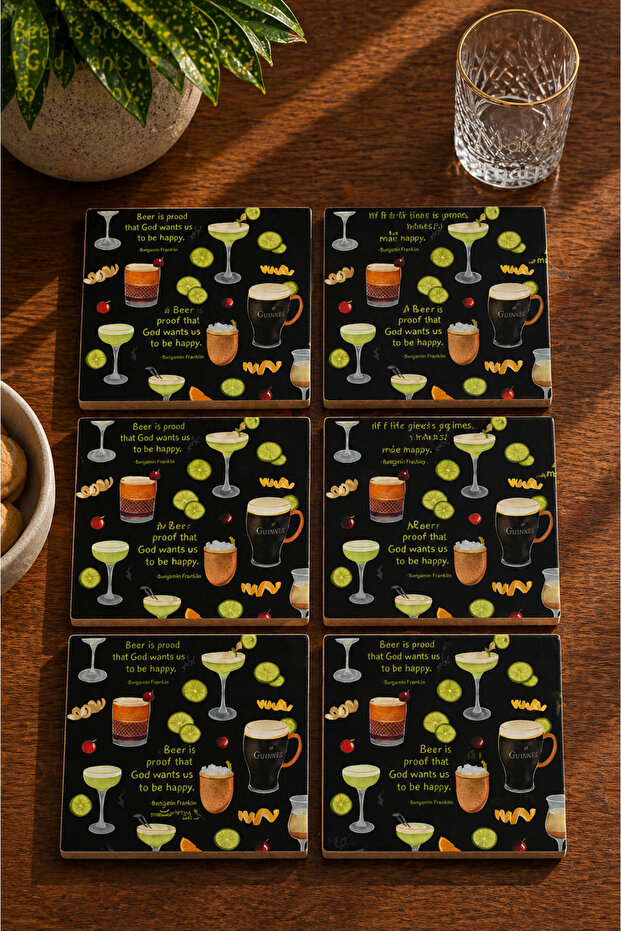 Cocktail Glass Modern Design Set of 6 Coasters - Uv Printing Mdf - 10X10 cm