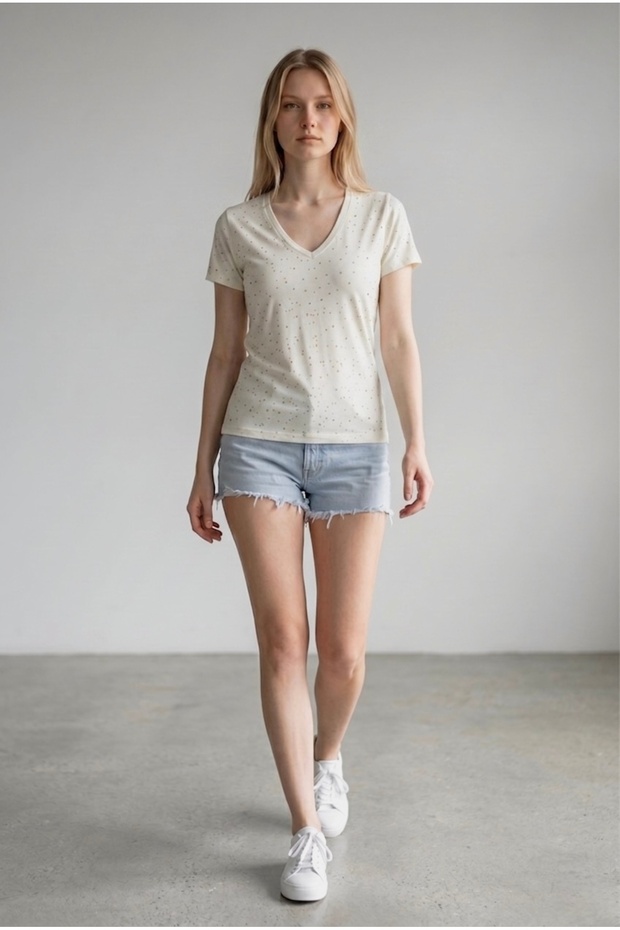 Women's Stone Embellished Stretchy Modal Fabric V-Neck Short Sleeve White Blouse