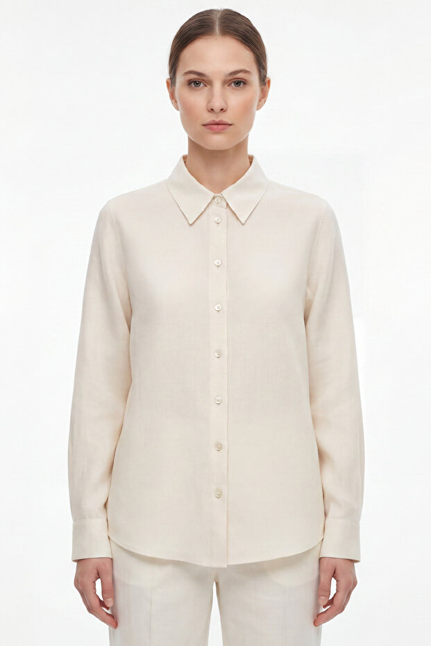 Women's Gia 100% Natural Linen Shirt - Classic Collar Basic Minimalist Design Ecru W207-K0401-01