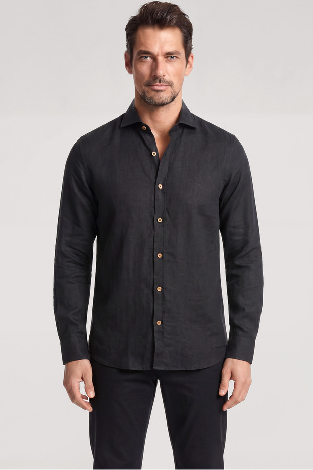 Men's Slim Fit Textured Long Sleeve Linen Black Shirt