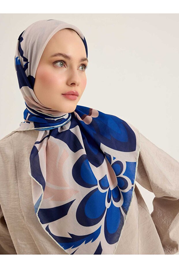 Blue Floral Patterned Soft Scarf - - 1