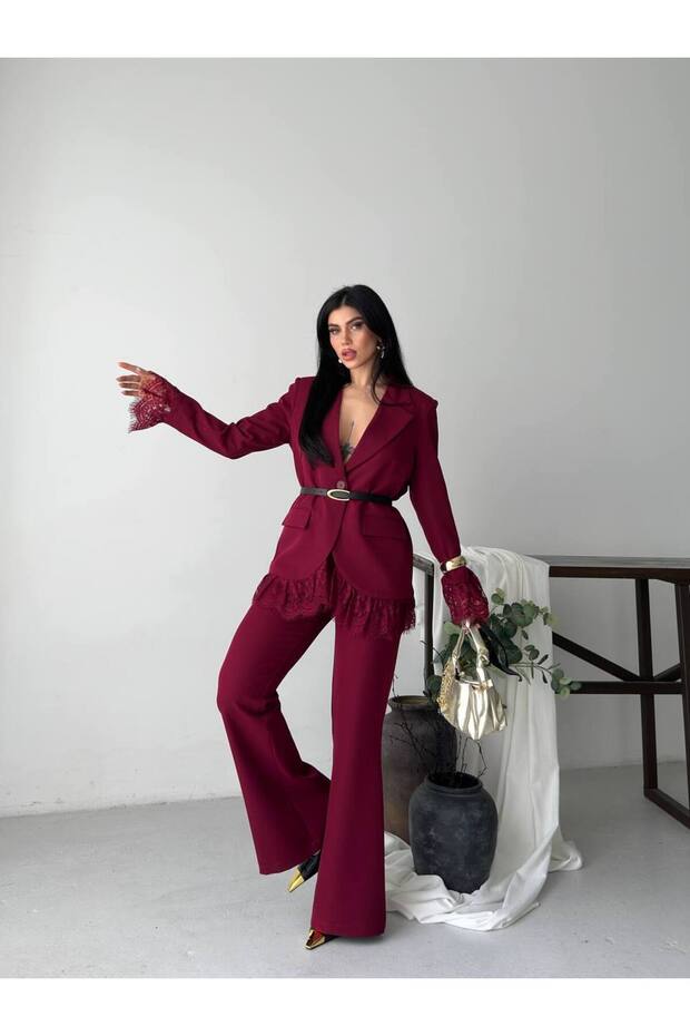 Premium Dantel Detaylı Blazer Ceket İspanyol Paça Takım - 5