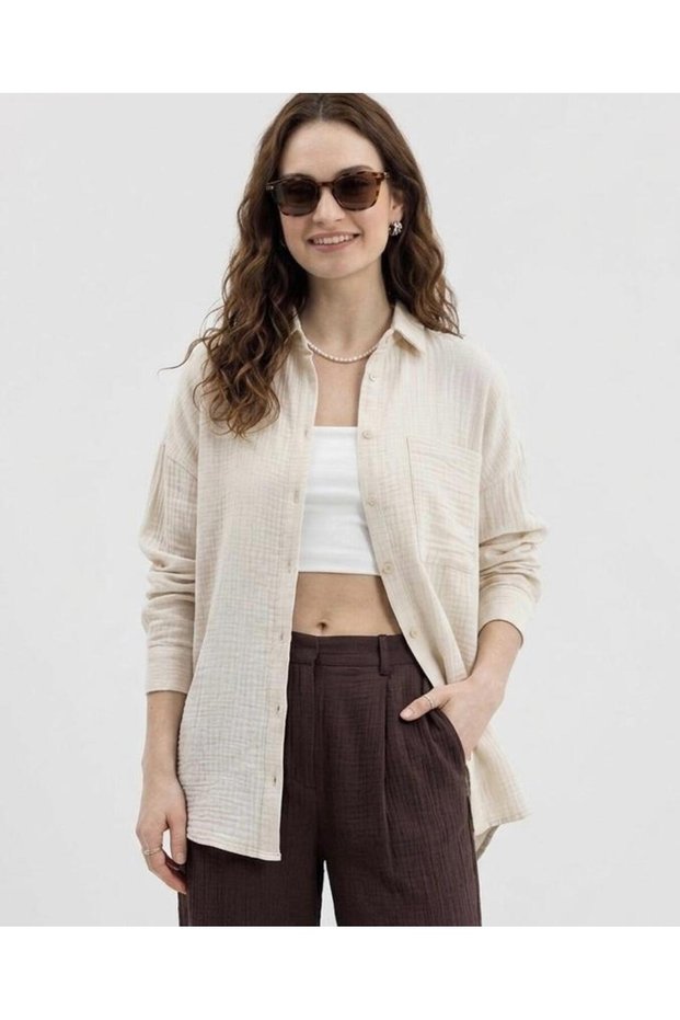 Una Fiaba, Ecru Women's Oversized Muslin Fabric Shirt with Pockets