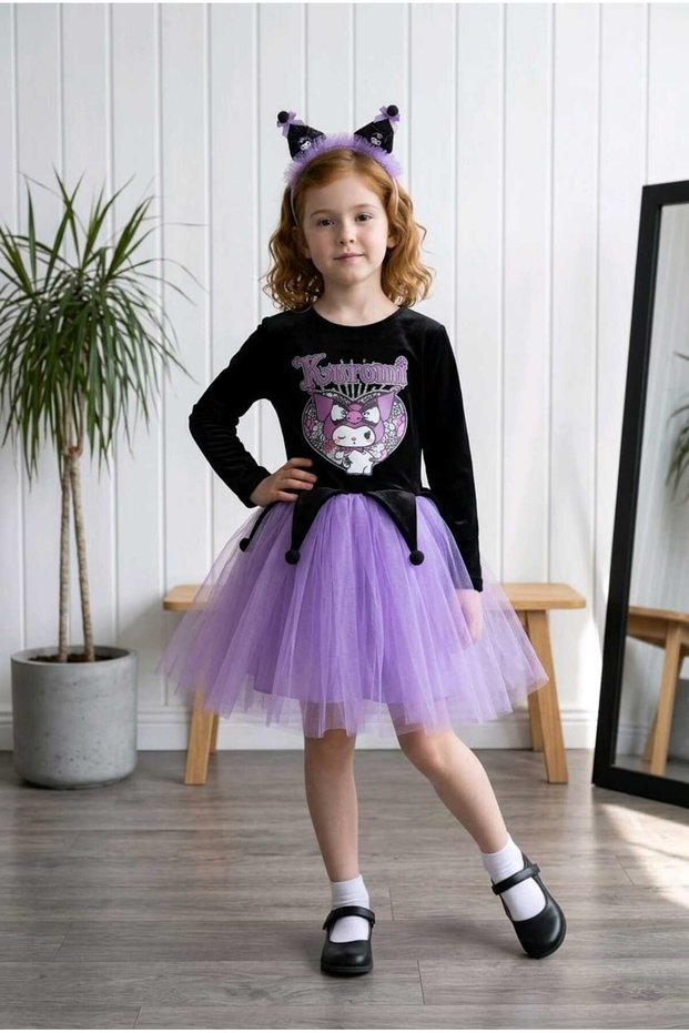 Long-Sleeved Velvet Kkuuroomi Printed Tutu Dress