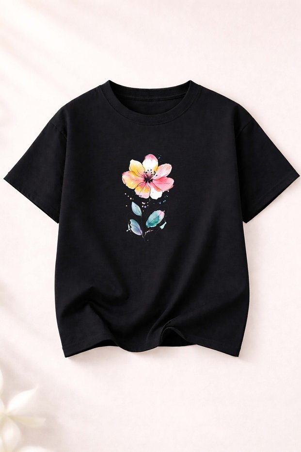 Women's Crew Neck Cotton T-Shirt with Colorful Floral Print Detail