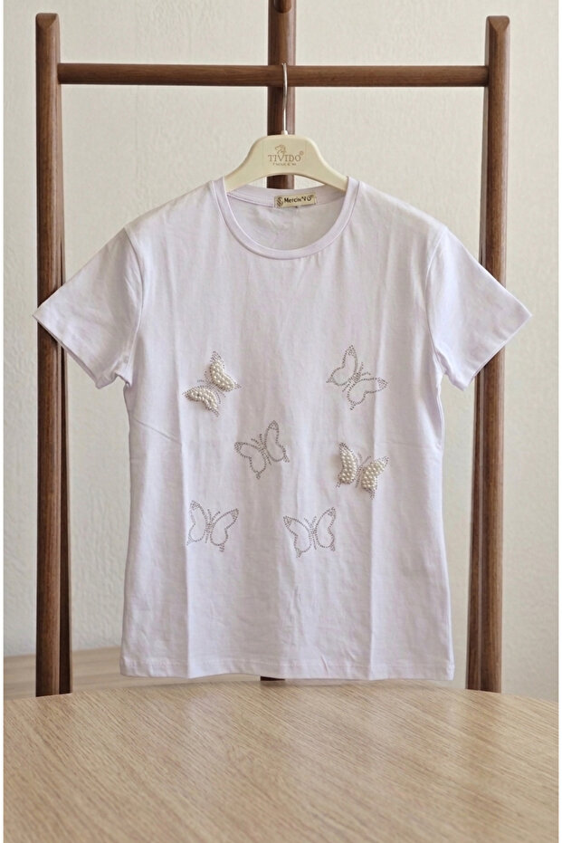 Girl's White Pearl Detailed Butterfly Patterned Short Sleeve T-Shirt