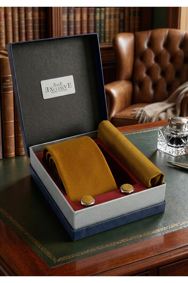 Mustard Color Plain Tie, Handkerchief and Cufflink Set in Gift Pu Leather Box