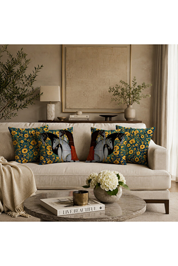Floral Patterned 4-Piece Luxury Throw Pillow Cover Set with Horse Figures