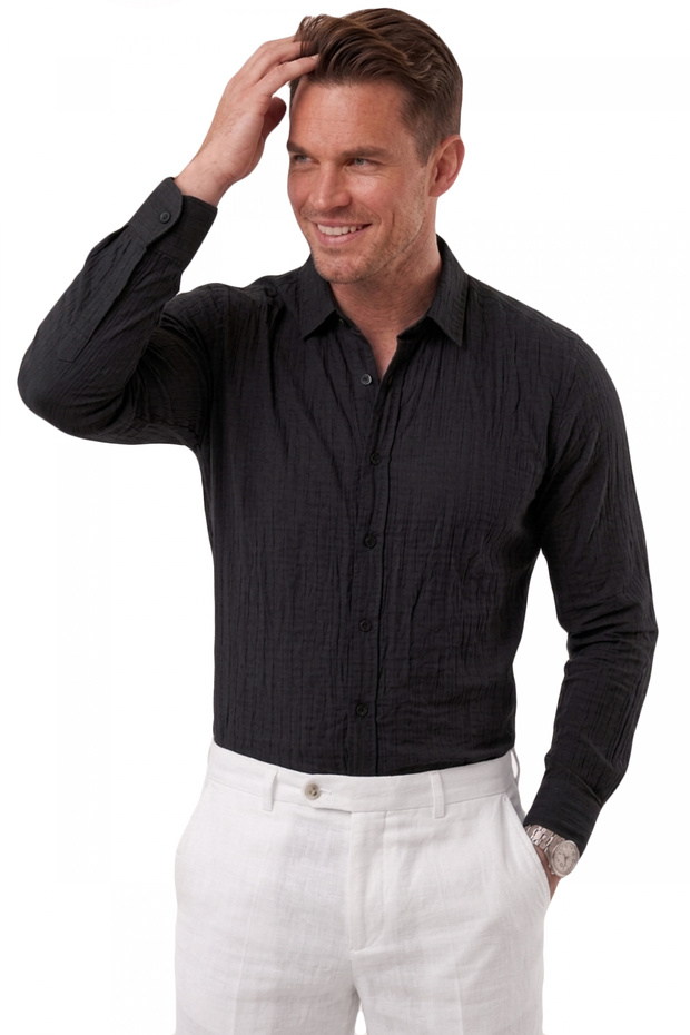 Black Striped Textured Wrinkle-Resistant Comfortable Fit Men's Shirt 2602607