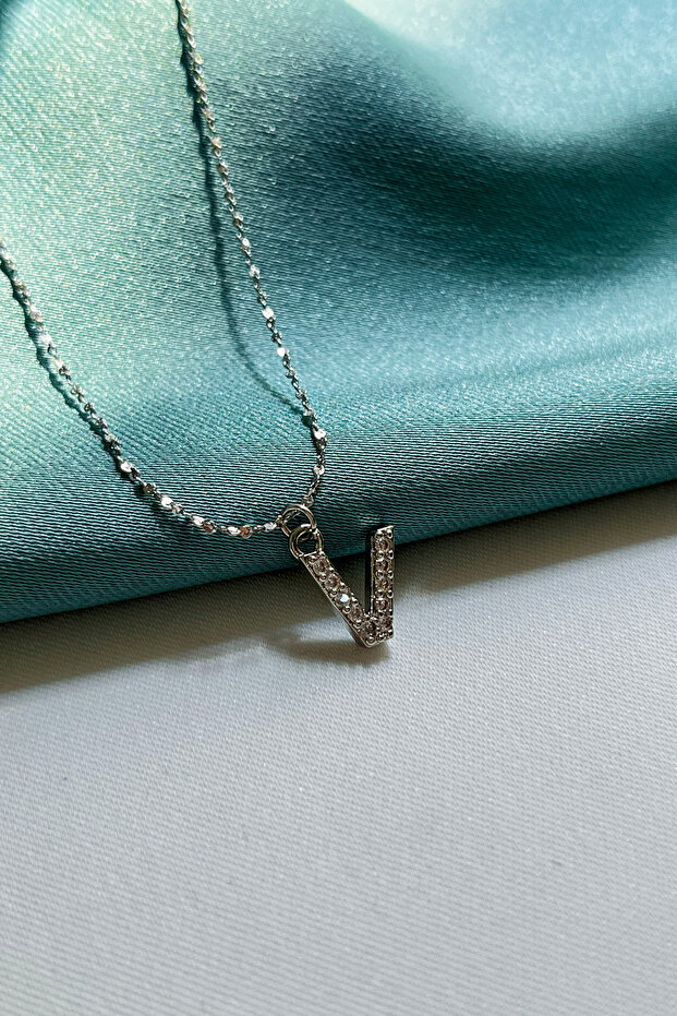 Zircon Stone Minimal Letter Steel Chain Necklace