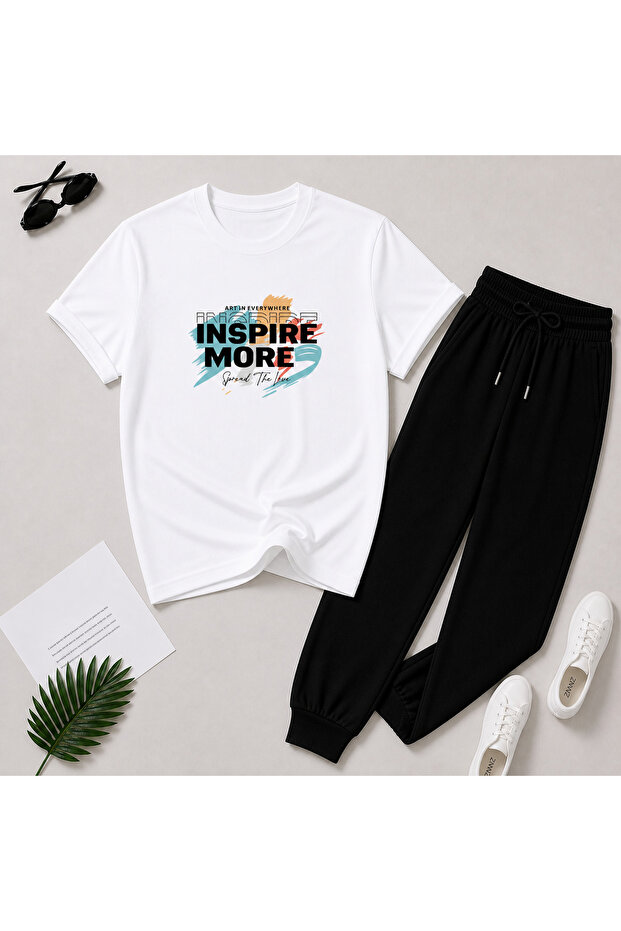 Inspire More Print Detailed T-Shirt Tracksuit Set