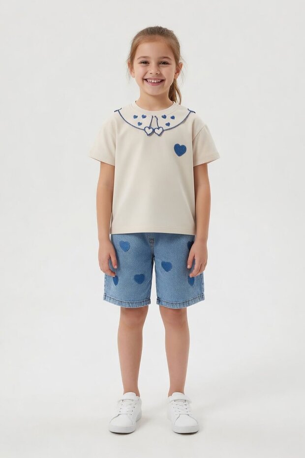 Beige Heart Embroidered Collared T-Shirt and Jean Shorts Girls' Set 24063