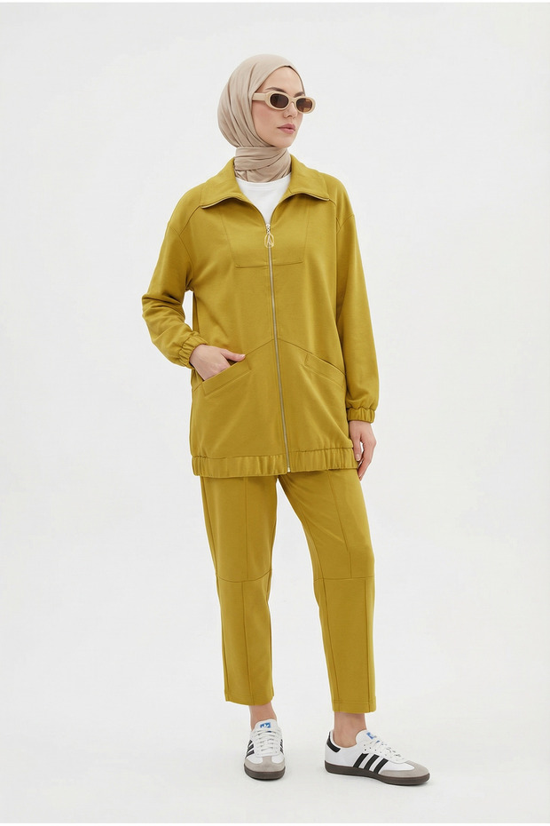Zippered Overalls with Elastic Sleeves and Pockets, Two-Piece Sports Set, Mustard 26Yt6103