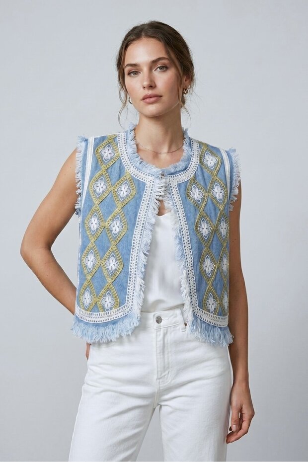 Blue Women's Crew Neck Denim Crop Vest with Chain Embroidery & Fringes