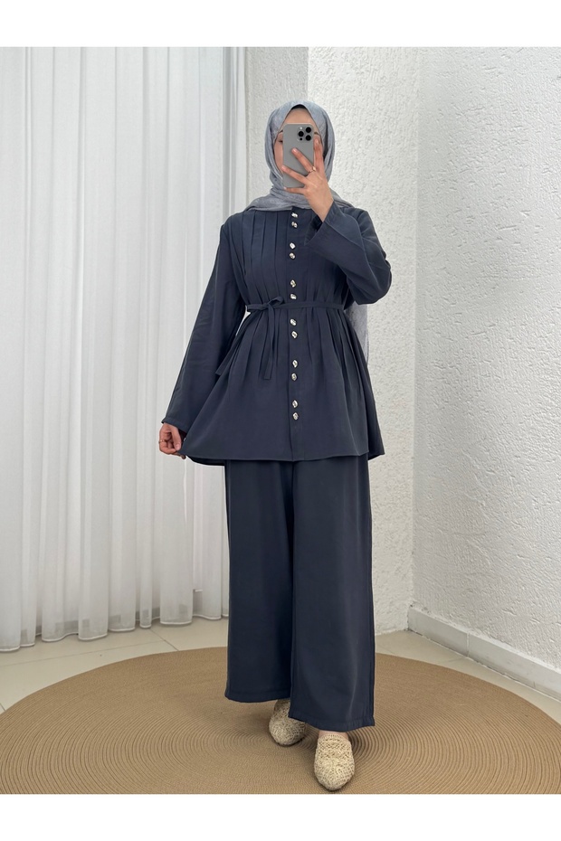 Polen Double Gold Button Ribbed Trousers Suit-Ey1042 Anthracite