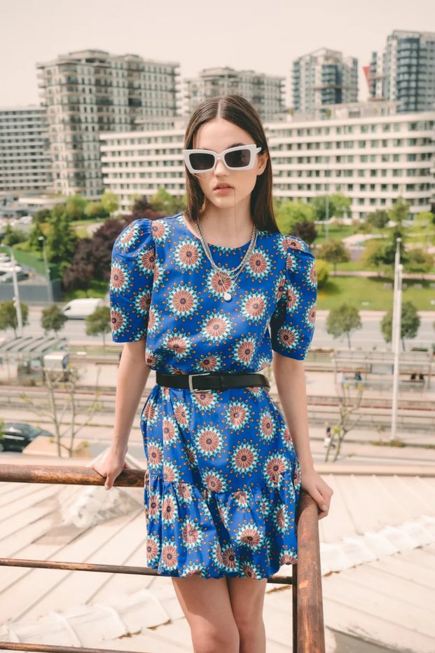 100% Cotton Bohemian Patterned Balloon Sleeve Summer Women's Mini Dress - Blue