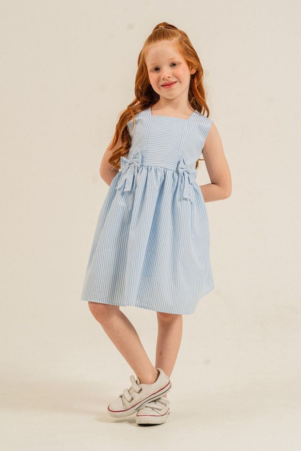 My Little One's Striped Bow Detailed Girls' Summer Dress - Blue