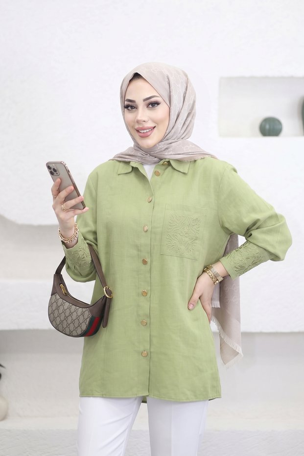 6293 - Stylish Comfortable Women's Shirt with Sleeve-Pocket Embroidery Detail in Woven Soft Fabric