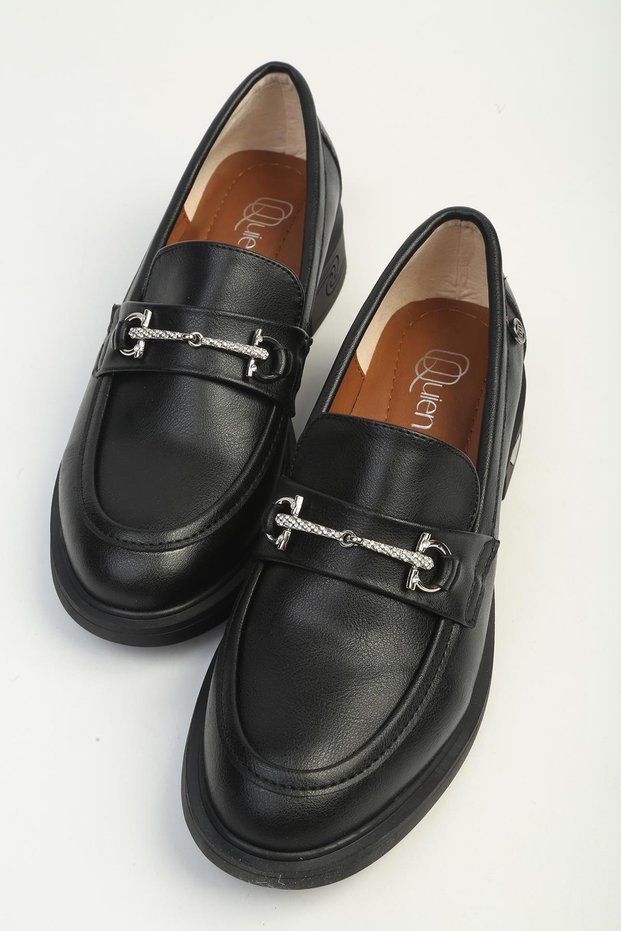 Women's Black Thick Sole Loafer Shoes with Metal Buckle Faux Leather Daily Casual Shoes
