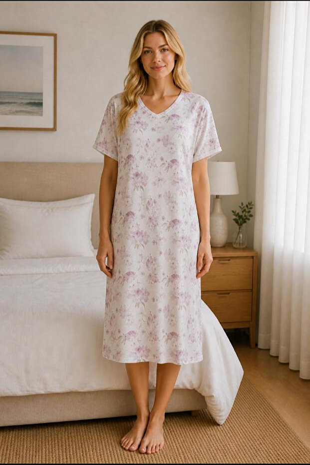 22801-Nena V-Neck Short-Sleeved 100% Cotton Nightgown