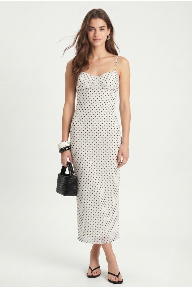 Women's Liana Lined Polka Dot Long Tulle White Dress with Adjustable Straps