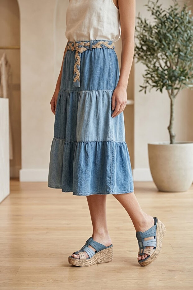 7714 Blue Genuine Leather Women's Slippers