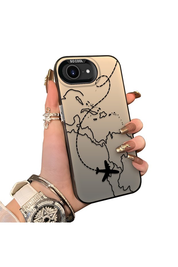 iPhone 17E Compatible Travel-Themed Map Airplane Printed Shockproof Hard Case