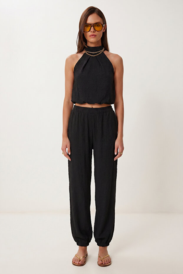 Halter Neck Blouse Pants Crinkle Set Lfw0027 Black