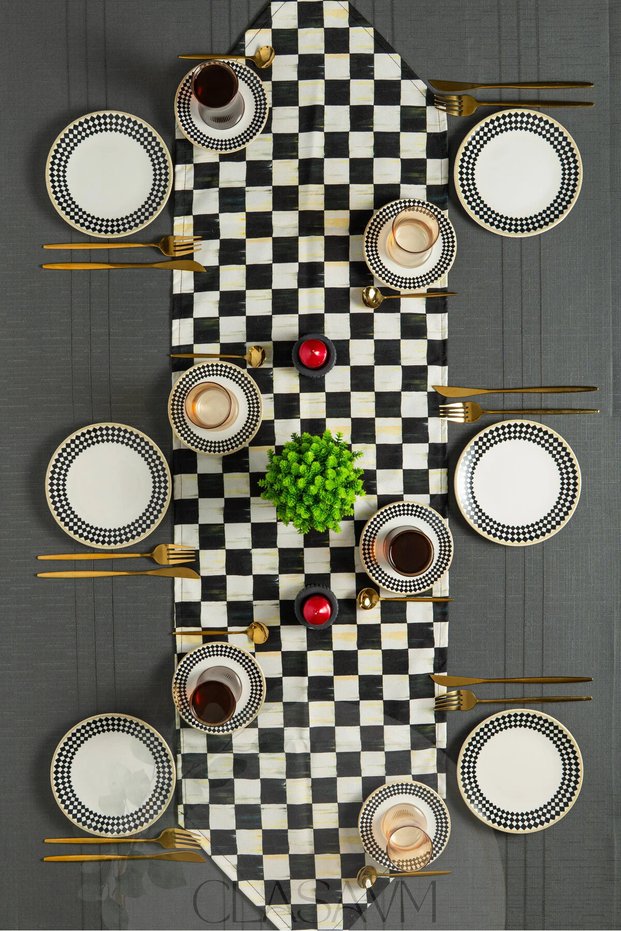 18 Piece Checkerboard Pattern Cake Set | 6 Pieces of Tea Cups with Checkered Appearance, 6 Pieces of Tea Plates, 6 Pieces of Cake Plates, 18 Piece Set