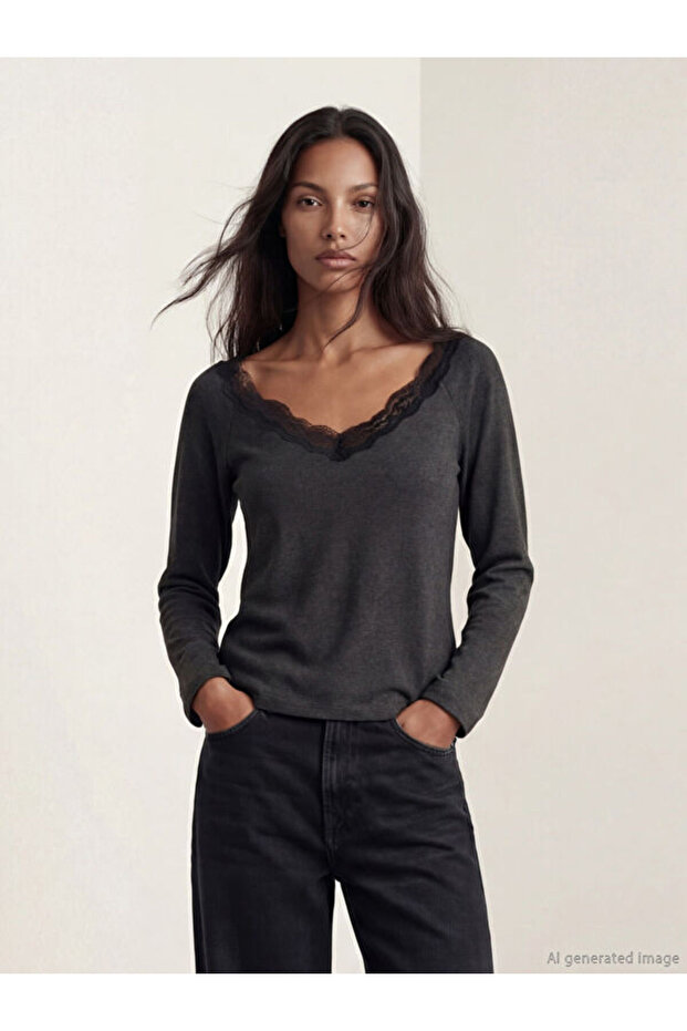 V-Neck Lace Detailed Blouse
