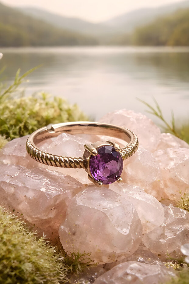 Copper Pure Ring with Purple Stone Vintage Adjustable Ring