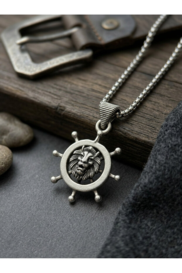 Retro Sailor Themed Stainless Steel Chain Men's Necklace with Lion Figure