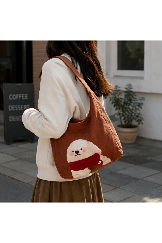 Cute Dog Patterned Functional Design Shoulder Bag with Red Scarf for Daily Travel Use
