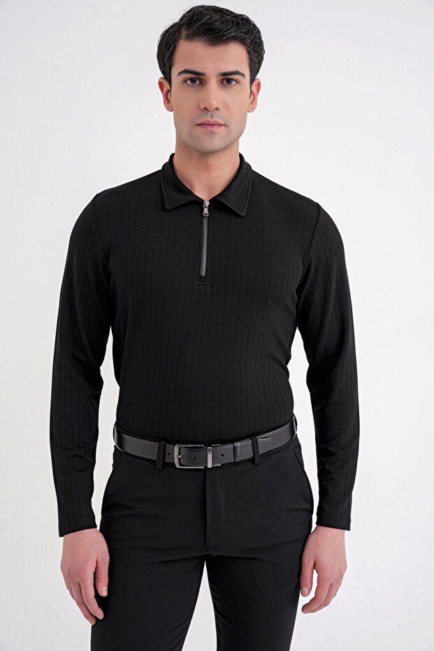 Comfort Fit Cotton Zippered Polo Collar Long Sleeve Black T-Shirt Ts 919