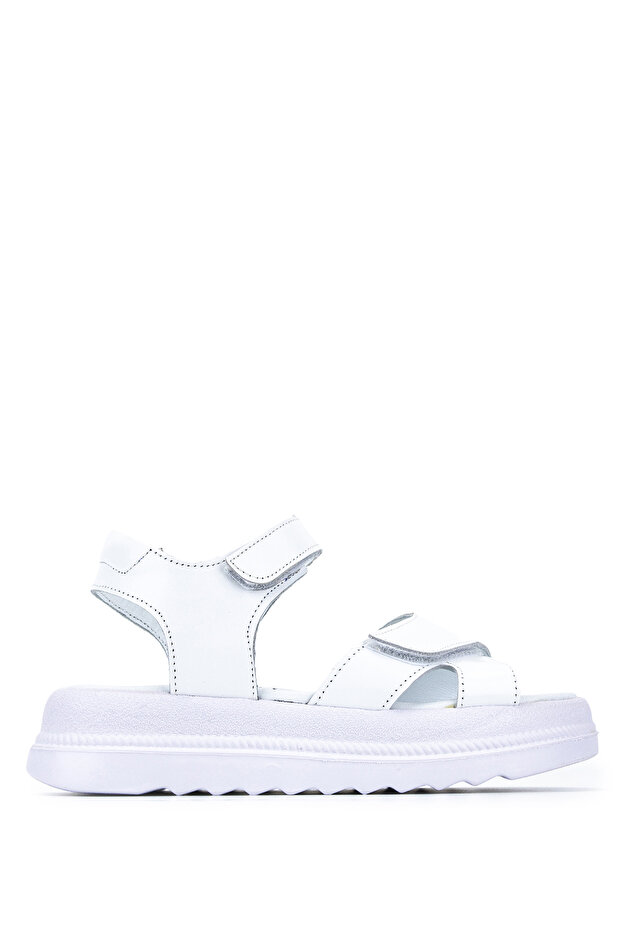Children's Genuine Leather White Flat Sandals