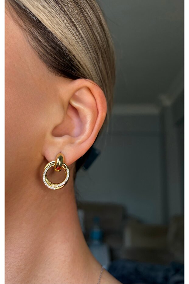 Taşlı Halka Model Gold Küpe