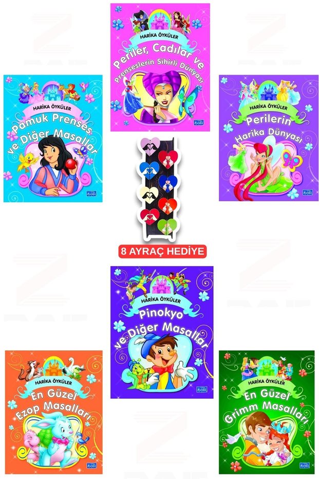Harika Öyküler-Periler,Cadılar ve Prenseslerin Sihirli Dünyası-Perilerin Harika Dünyası-Pinokyo-Pamuk Prenses ve Diğer Masallar-En Güzel Ezop-En Güzel Grimm Masalları 6 Kitap -8 Piece Heart Bookmark Set with Gift