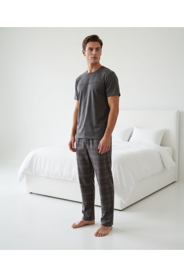 Men's Smoked Color Short Sleeve Pajama Set with Writing on the Front