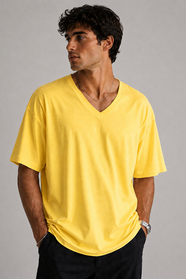 Basic V-Neck Unprinted Unisex Oversize T-Shirt – Cotton Casual Daily T-Shirt