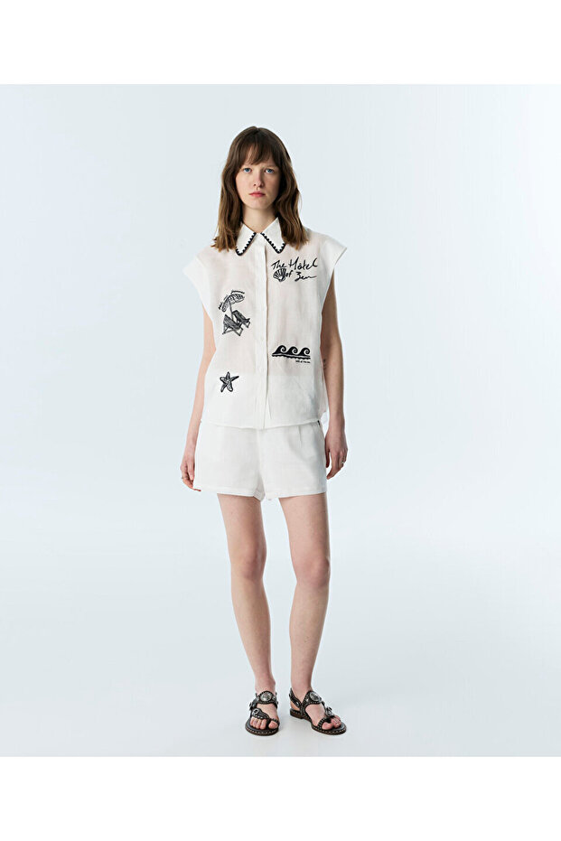 Contrast Embroidered Linen Shorts