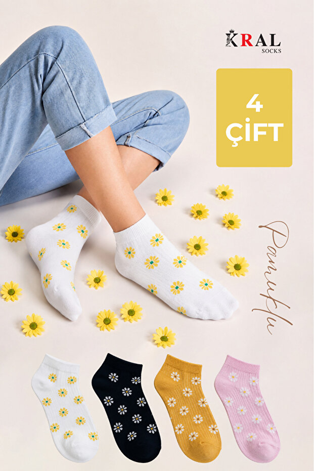 4 Pairs of Women's Floral Patterned Booties Socks