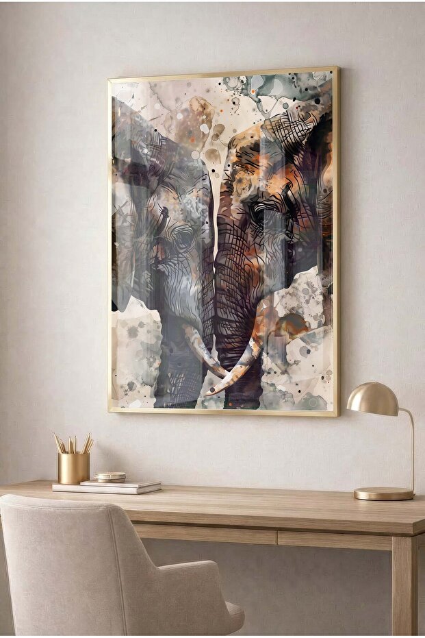 Interlocking Elephants Themed Glass Tabletop Artwork - Gold Metal Framed Tabletop Artwork for Home, Business, and School