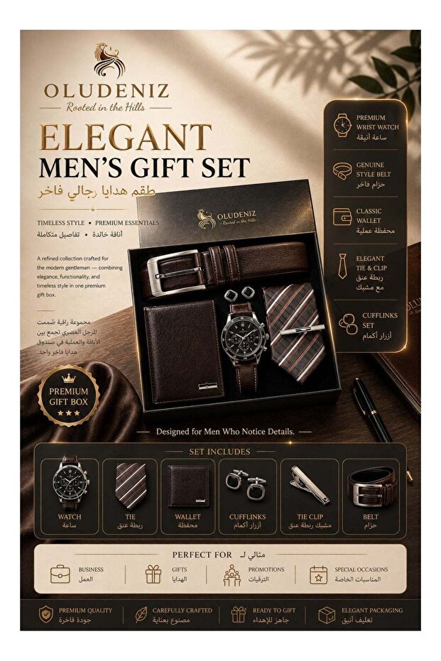 🕴️ Elegant 6-Piece Men’s Business Gift Set – Brown Leather Watch, Belt, Wallet, Tie, Cufflinks & Tie Clip