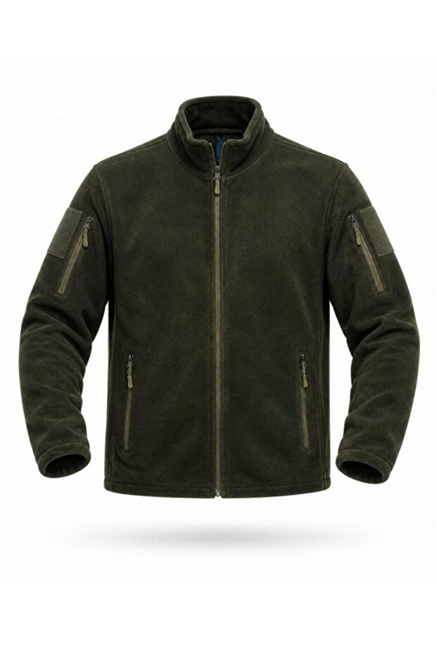 Unisex Zip-Up Tactical Fleece Coat & Cardigan - Khaki, Size L