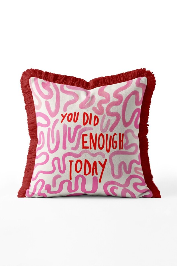 Motivational Written Abstract Wave Pattern Fringed Throw Pillow Cover Burgundy Tassel Pillowcase