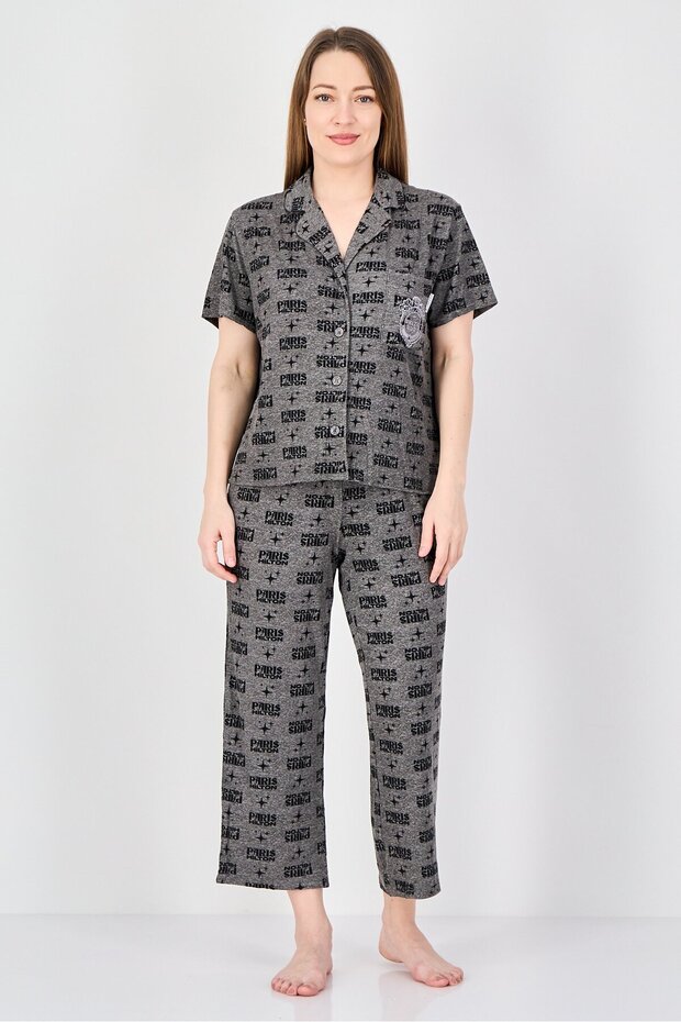 Women 2 Pcs Brand Logo Pajama Top And Bottom Set, Dark Grey