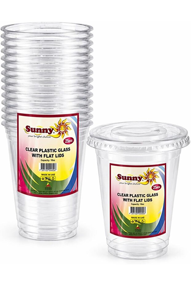 Sunny Transparent Drink Cups with Straw-Slot Flat Lids, 10oz (300ml), Pack of 25, Clear Plastic Cups